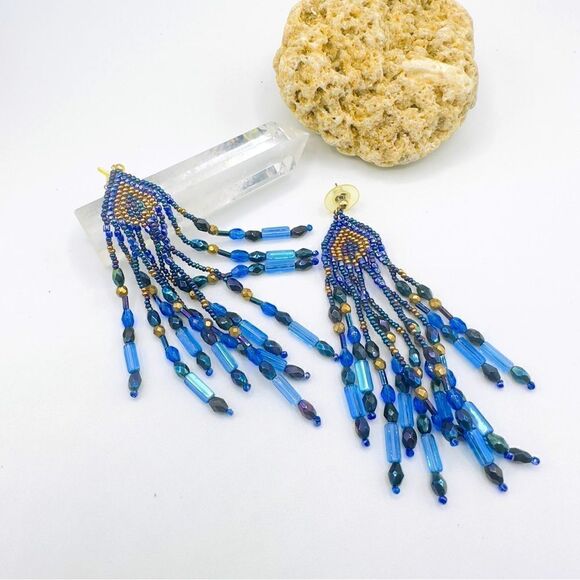 Bougie Boho Beaded Blue Gold Earrings - Picture 1 of 4